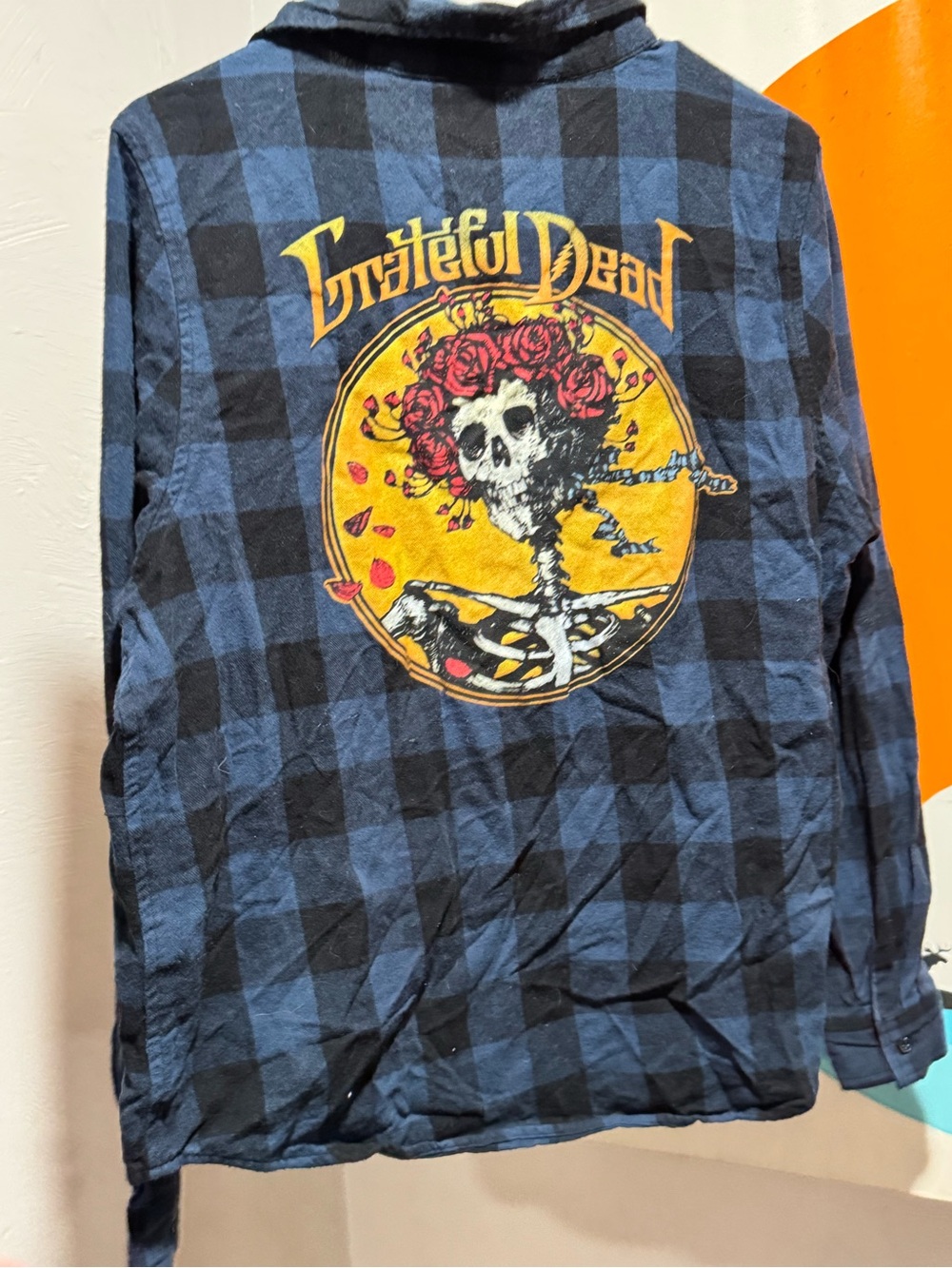 Grateful Dead Blue & Black Plaid Button-Down with Yellow Back Skull Graphic